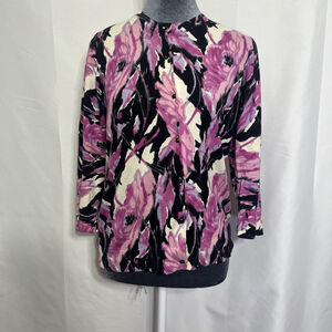 Talbots Womens Sweater Cardigan PM Button Up Silk Blend Purple Black Floral Work